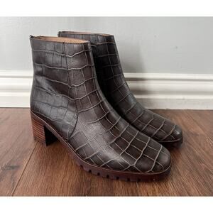 MADEWELL Women’s Brown Croc Embossed Leather Katie Lugsole Boots Shoes